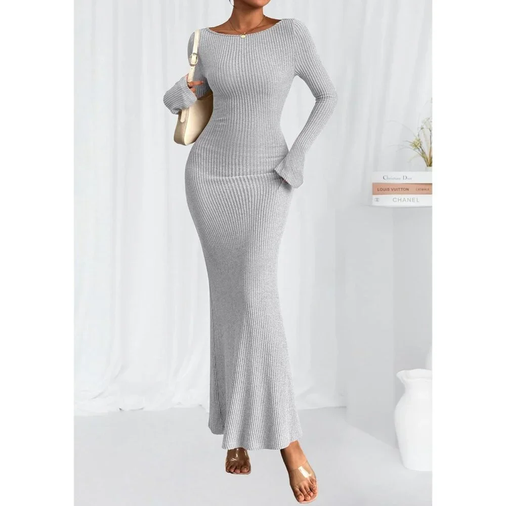 Women's Grey Long Sleeve Ribbed Knit Boat Neck Bodycon Casual Maxi Dress - Picture 2 of 8